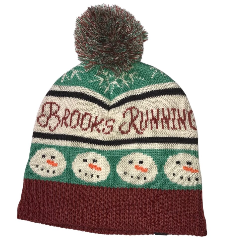 BROOKS Running Beanie Winter Hat with Pom Pom.  Snowman Faces. Knit.  Christmas